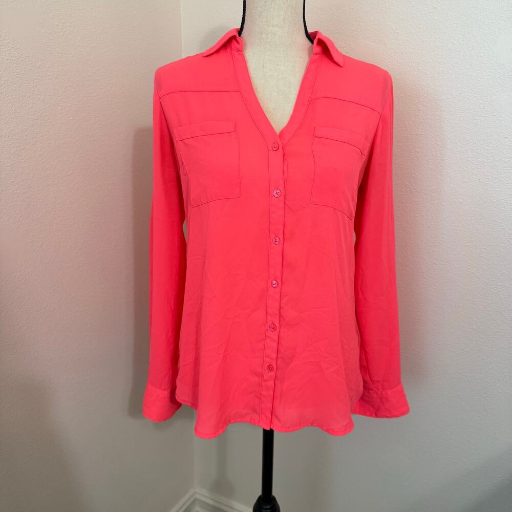 Express Portofino Bright Coral Pink Long Sleeve Blouse Shirt Womens Small EUC